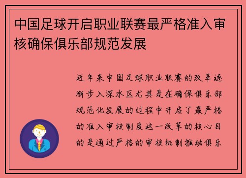 中国足球开启职业联赛最严格准入审核确保俱乐部规范发展